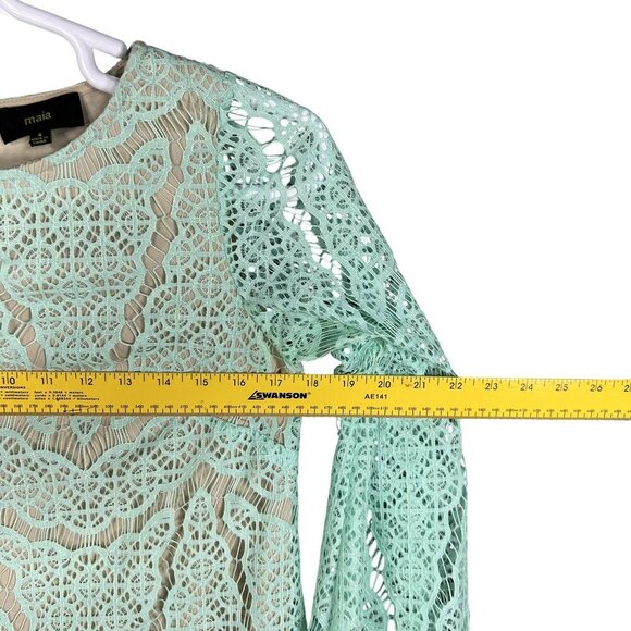 Maia Women 4 Kelly Green Dress Lace Overlay 3/4 Sleeve Nude Lining Scalloped Hem - Picture 11 of 16